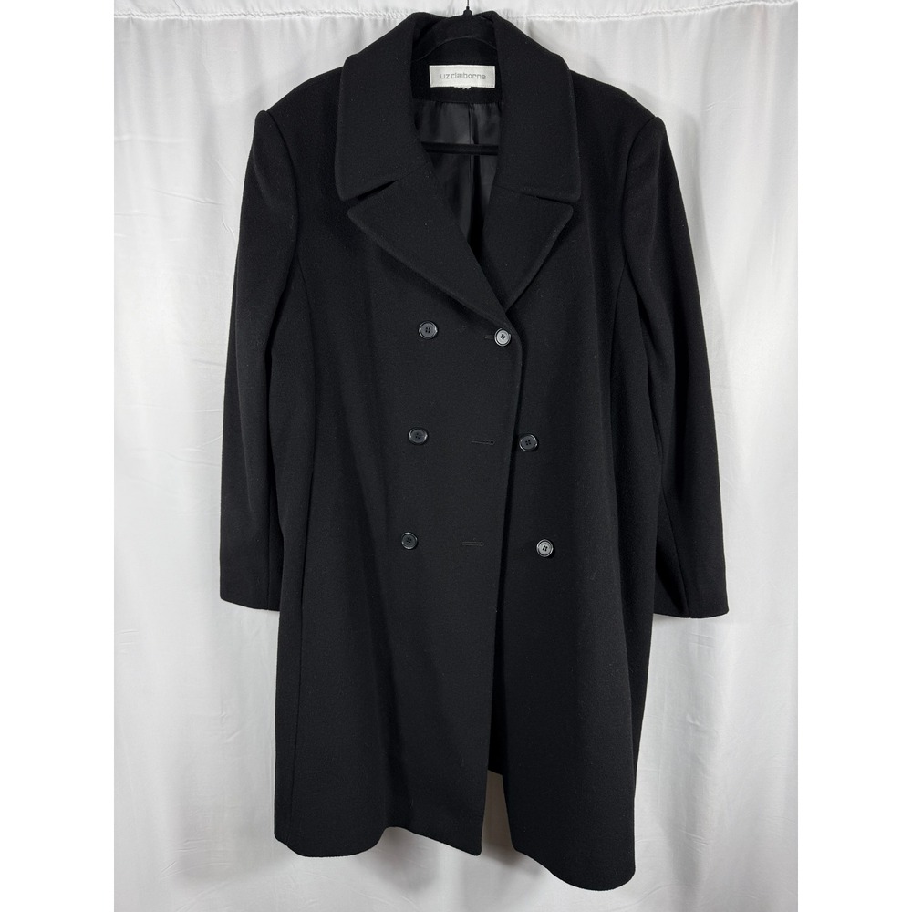 VTG Liz Claiborne‎ Black 100% Lambswool Double Breasted Peacoat Jacket Womens XL
